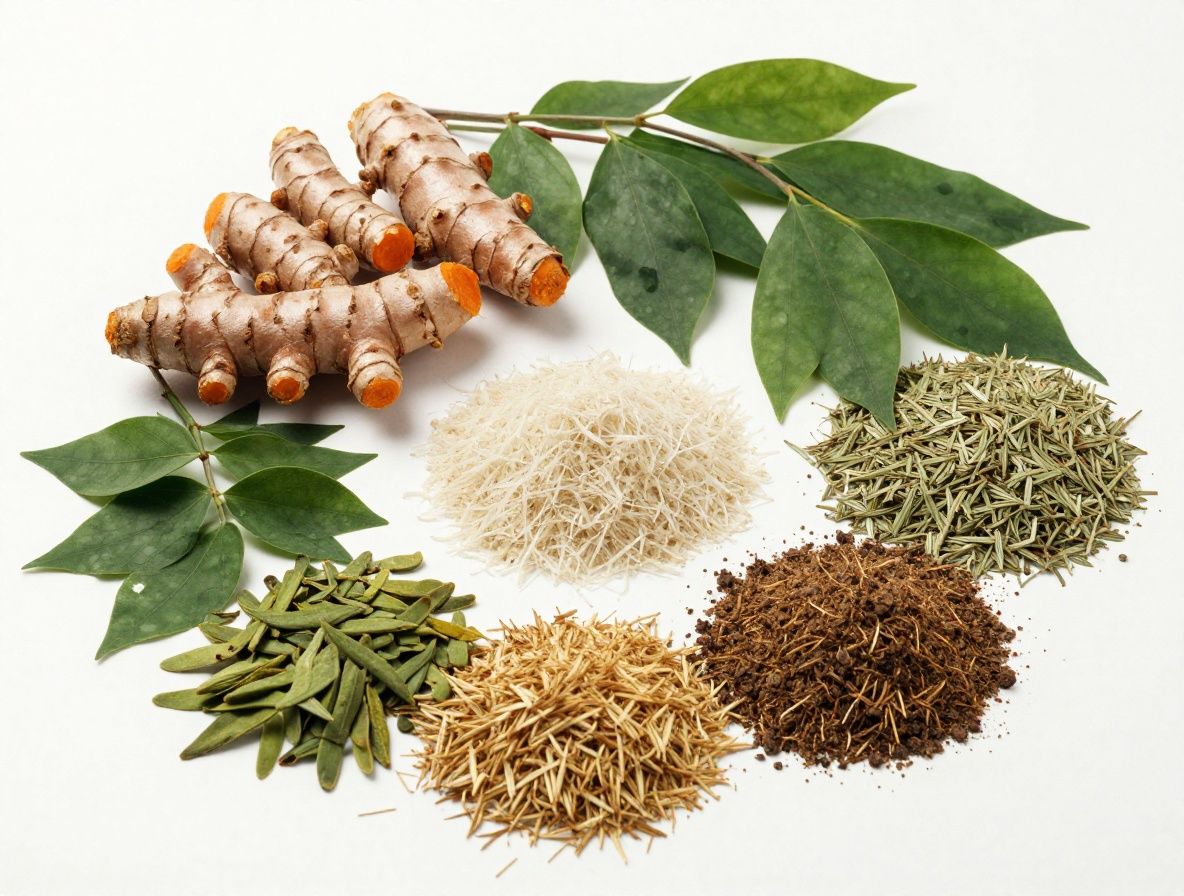 Výběr čerstvých botanických ingrediencí – rozmarýn, kurkuma, zelené listy a semena na neutrálním světlém pozadí, filmová estetika přirozeného světla